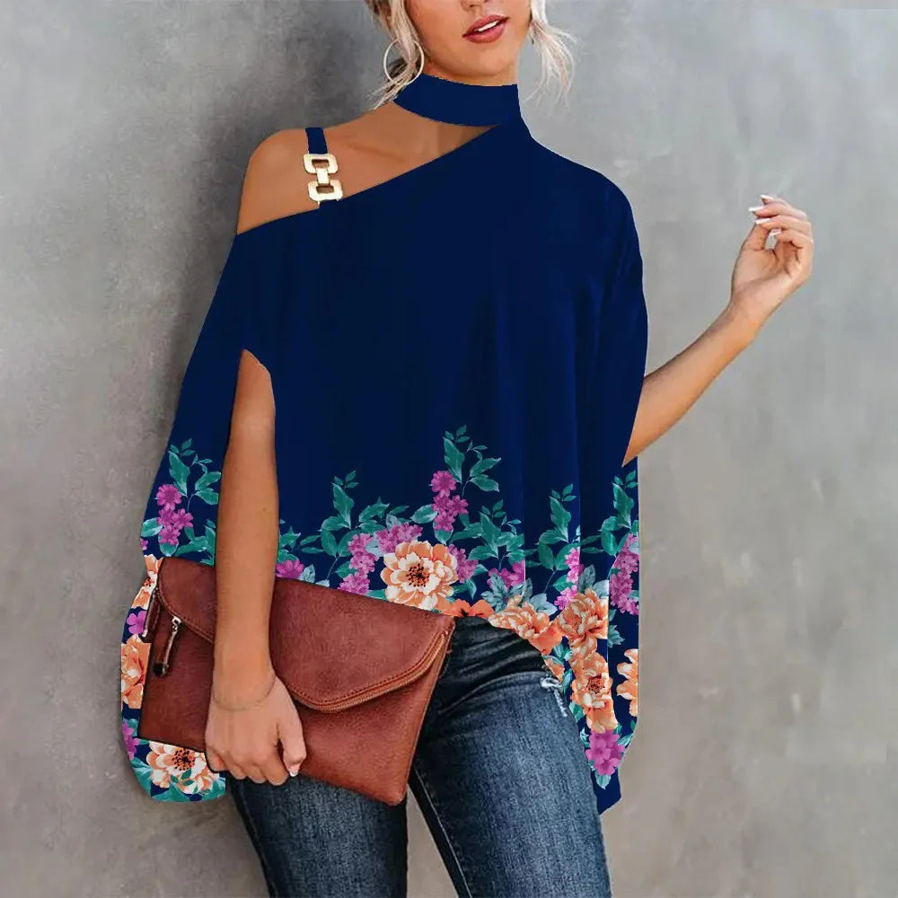 Sexy Halter Loose Blouse Elegant Print Off Shoulder Batwing Sleeve Summer Fashion. S-2X