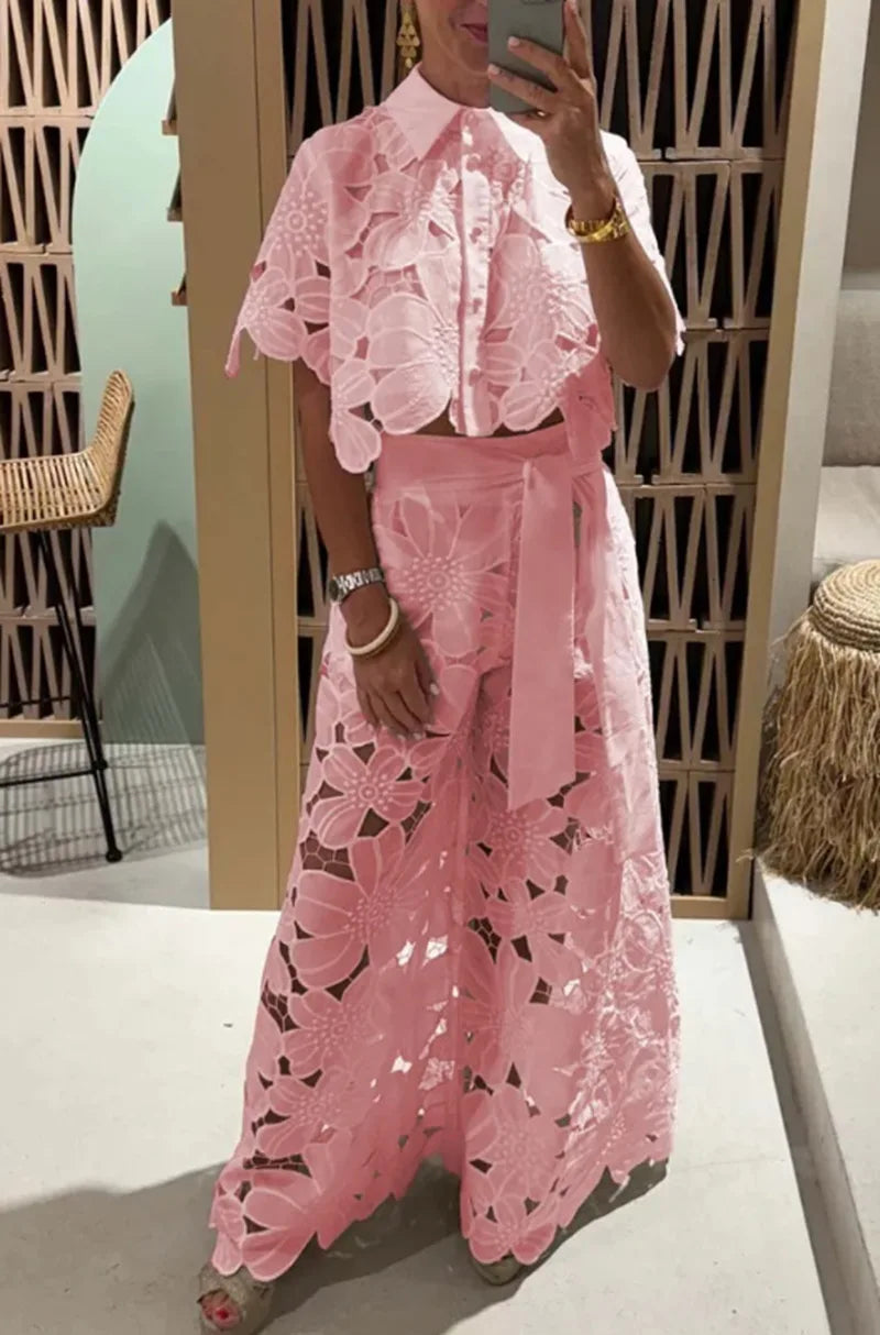 Sexy Lapel Single-breasted Shirt Top + Wide-leg Pants 2-piece Set Women. S-3x