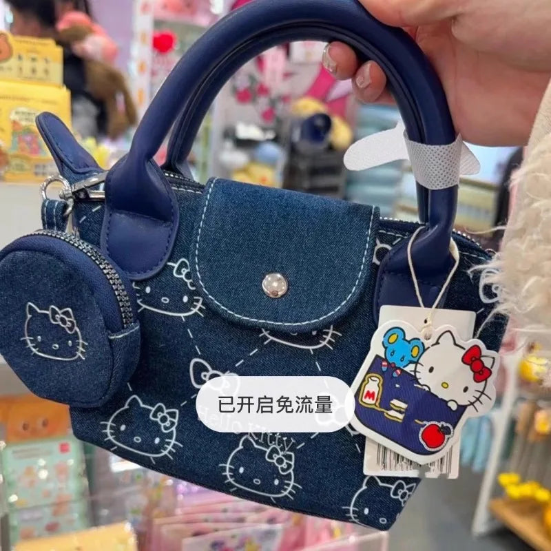 Sanrio Cute Hello Kitty Denim Handbag Cartoon Printed Cross body Bag .