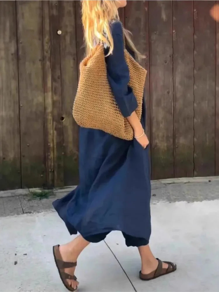 New Women's Pocket V-neck 2-piece Set Solid Loose Casual Women's Clothing Fashion Elegant Two Piece Outfits Woman. S-3X