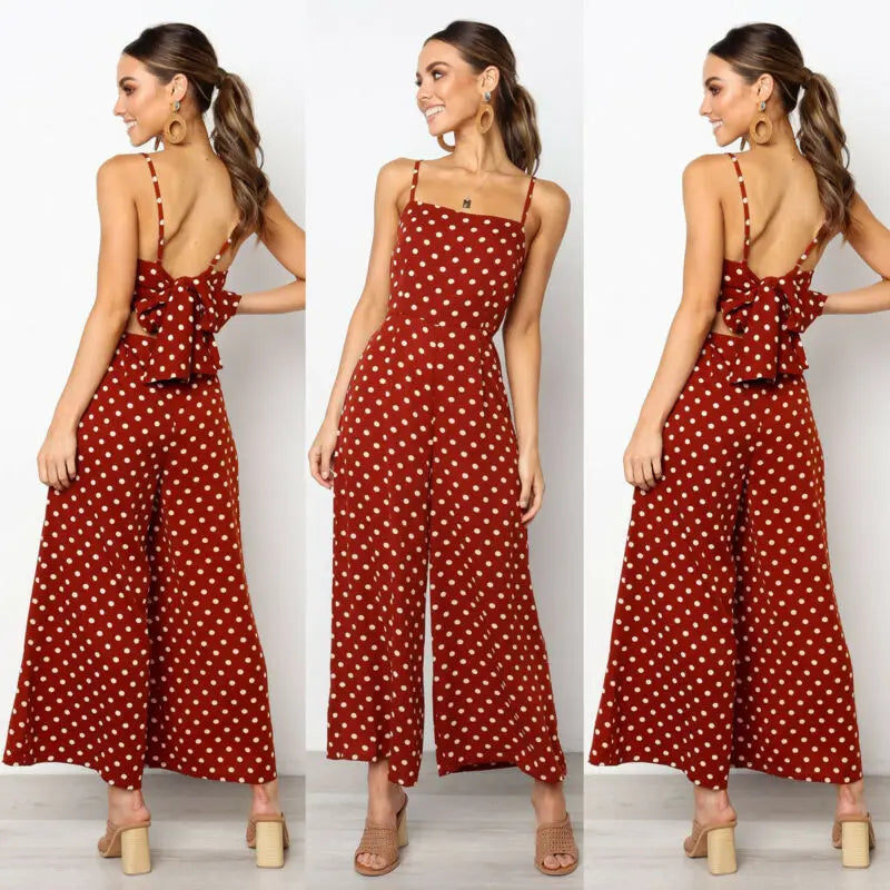 Women Elegant Sleeveless High Waist Summer Sexy Polka Dot Romper Loose Wide Leg Fashion