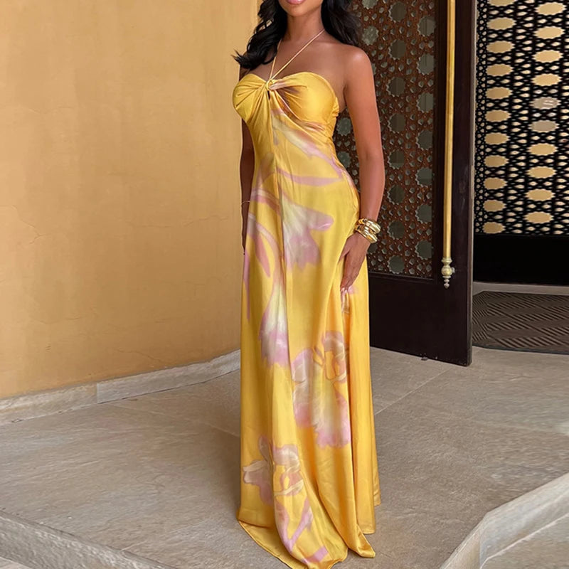 Yellow Printed Halter Satin Women's Dress New Summer Bohemian Sexy Sleeveless Slim Party Long Dress. S-L
