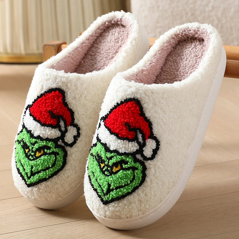 Women's Grinch Christmas Slippers - Plush Faux Fur Winter Slides