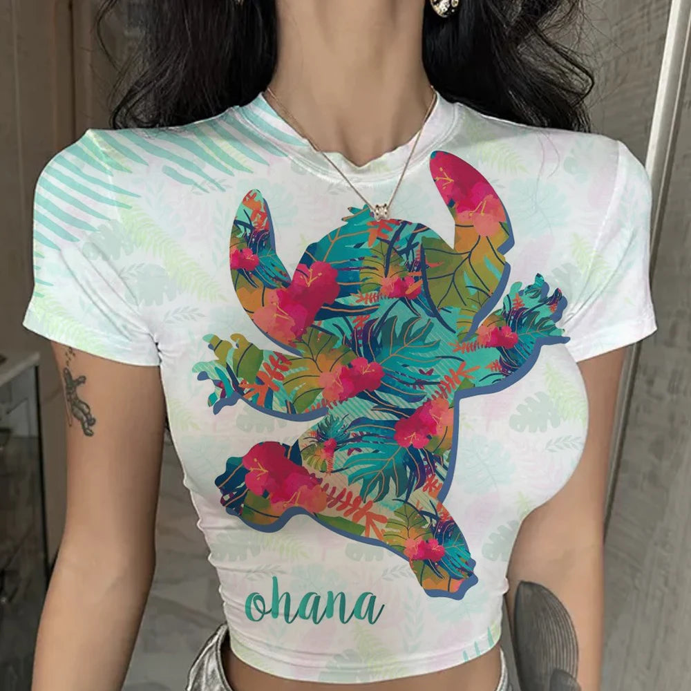 Women Lilo & Stitch Women T-Shirt Slim Crop Top Cartoon Casual Tee Y2k Street Wear .