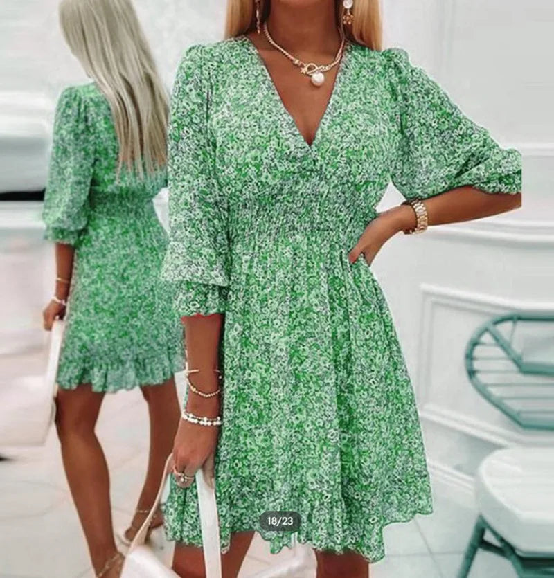 Bohemian Flower Dress V Neck Floral Print Pullover Style Summer Dress. S-3XL