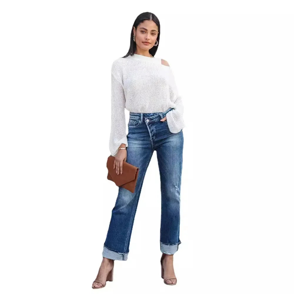 Women Straight Ripped Ankle Length Denim Jeans High Waist Pocket Button Pants. S-XL
