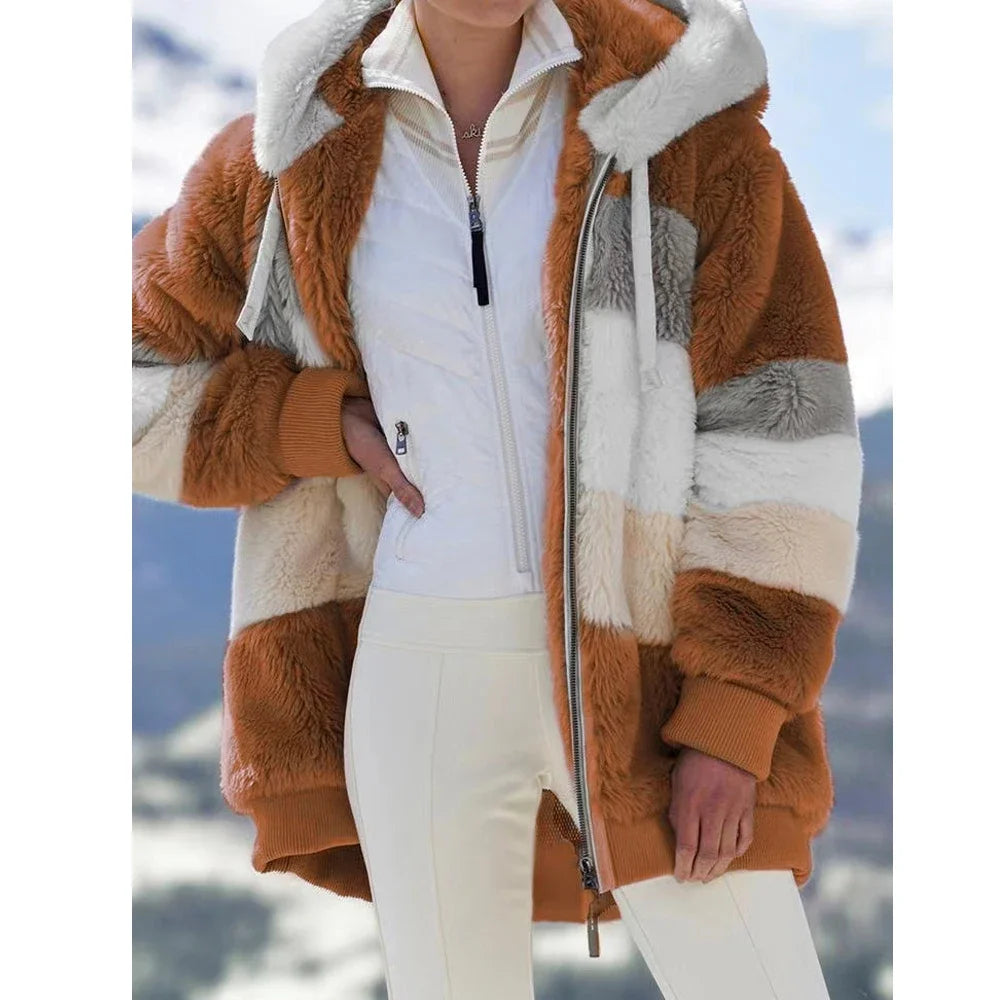 Fashionable Women's Hooded Zipper Spliced Thick Cashmere Plaid Jacket. Sz S-5XL