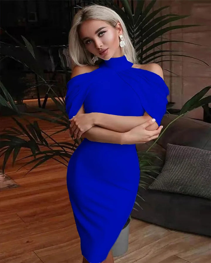 New Solid Colour Slim Midi Halter Neck Off Shoulder Elegant Party Dress. S-3X