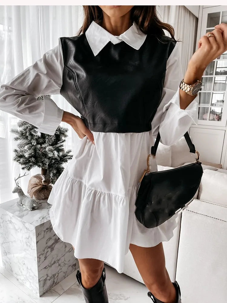 Summer Casual Long Sleeve Shirt/ Dress For Women PU Leather Sweet Lady Mini Dresses. S-2X