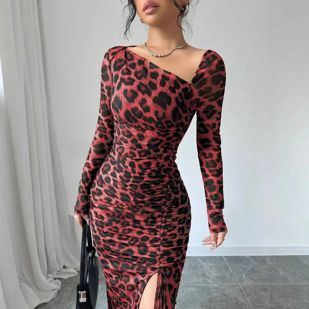 Sexy Leopard Print Fashion Ruffled Sexy Slit Party Dress For Women. S-XL