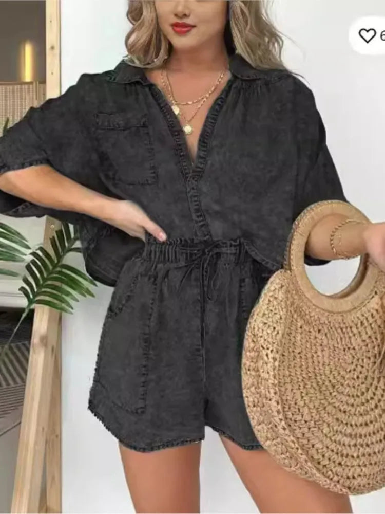 Fashion Vintage Simple Fashion Pocket Casual Loose 2 Piece Set. S-3XL