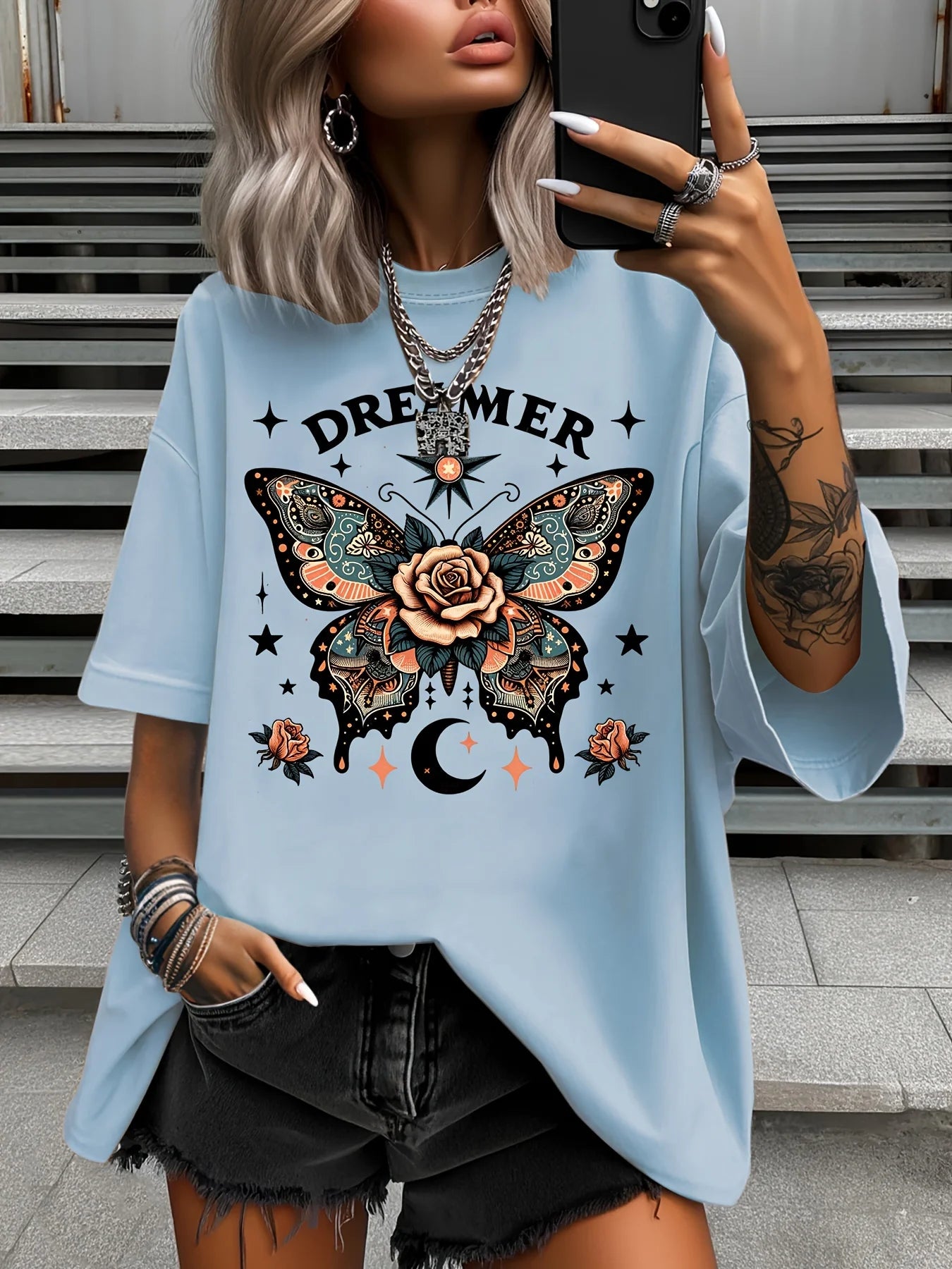 Plus Size Fashion Women's T-Shirt Original Design Butterfly Pattern Printed Casual Round Neck Short Sleeved Top