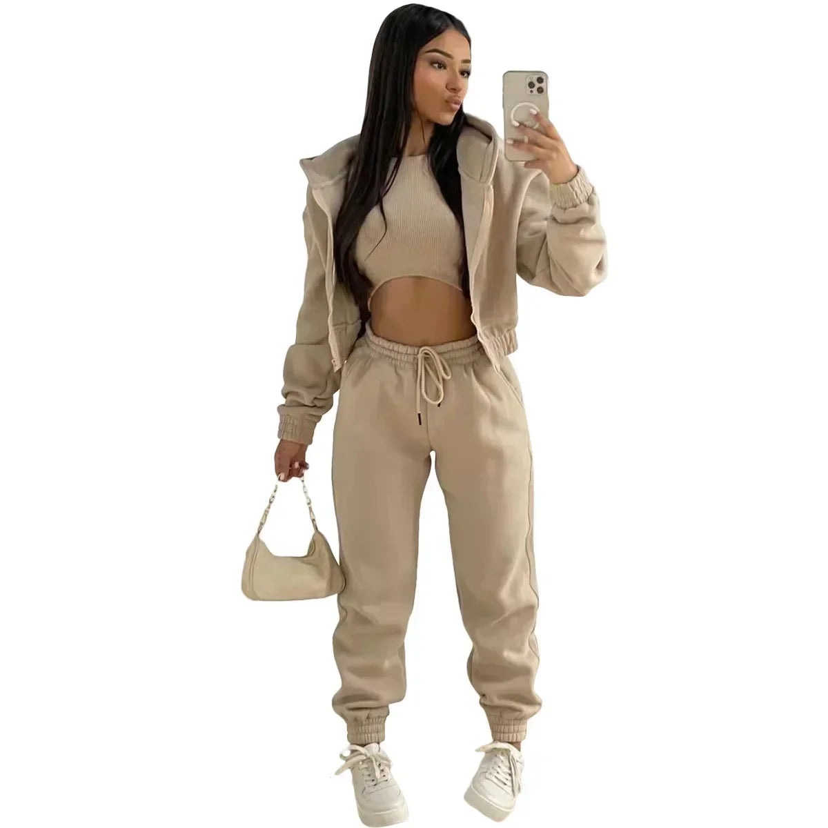 3pcs Women's Clothing Set Fleece-lined Hooded Sweater & Sleeveless Tank Top & Sweatpants Pants. S-2x