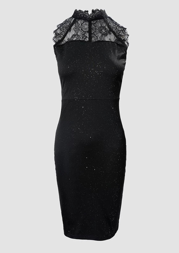 2025 Summer Fashion Glitter Print Contrast Lace O-Neck Sleeveless Skinny Mini Party Dress.