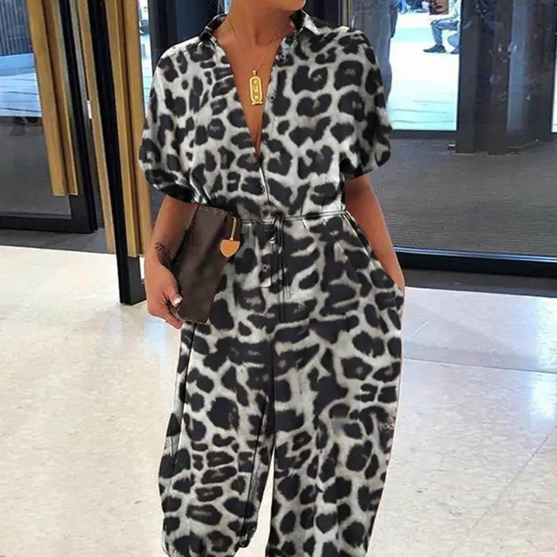 Ladies Summer Fashion V-Neck Button Lace-Up Jumpsuit Short Sleeve Loose Fit. S-3x