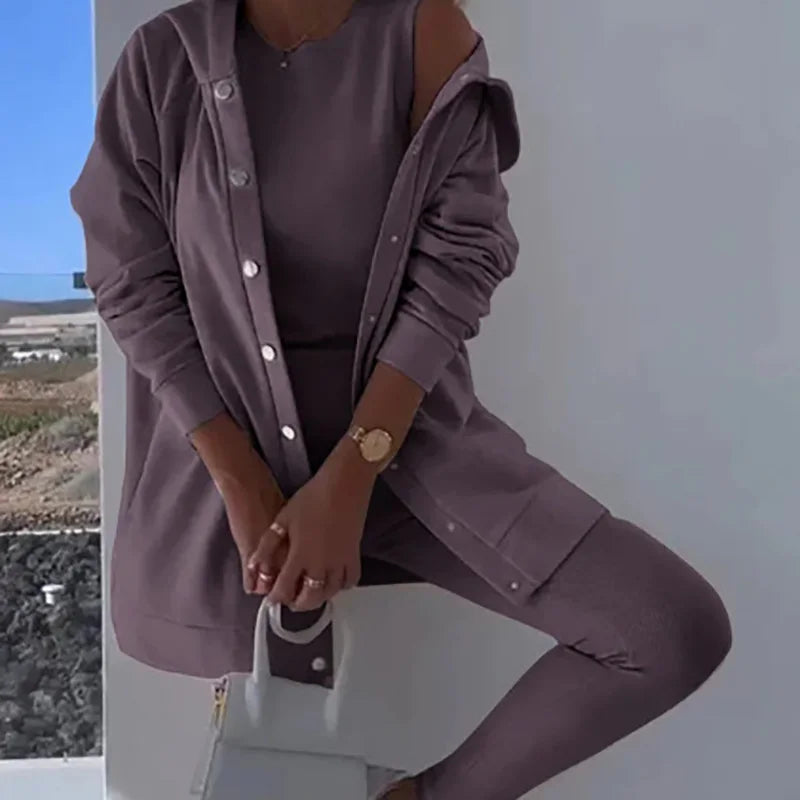 O-Neck Top Long Sweater Matching Set,Solid Three Piece Outfit, . S-3x