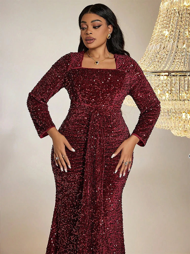 Plus Size Sequined Evening Gown - Square Collar Floor-Length Ball Gown