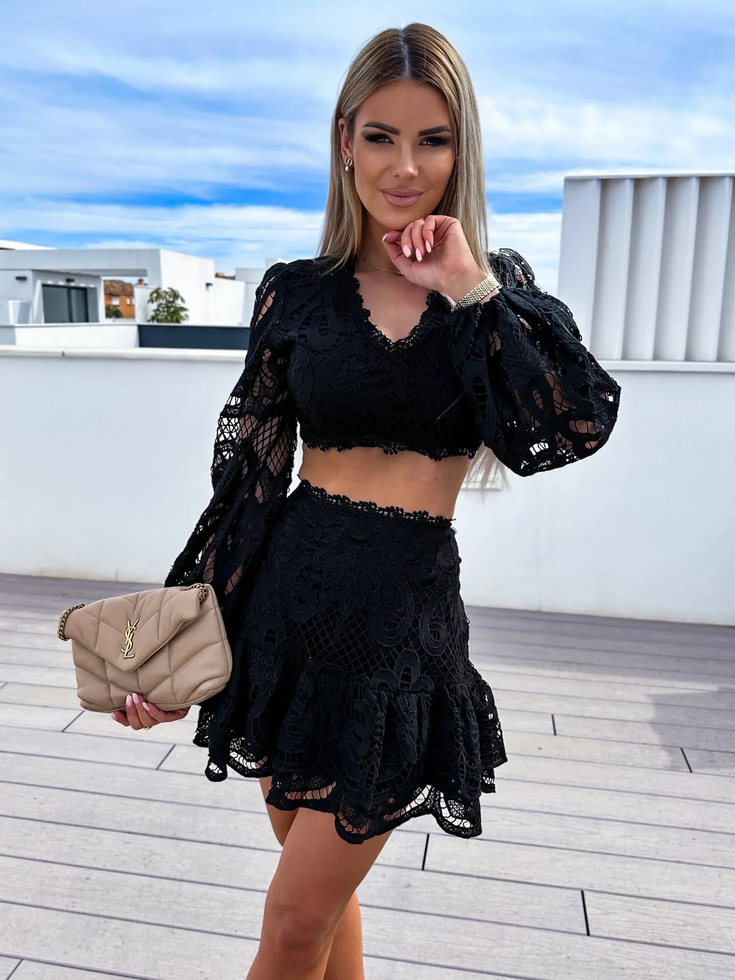 Women 2 Piece Outfit Lace Floral Sheer Mesh Backless Crop Top Ruched Mini Skirt Set