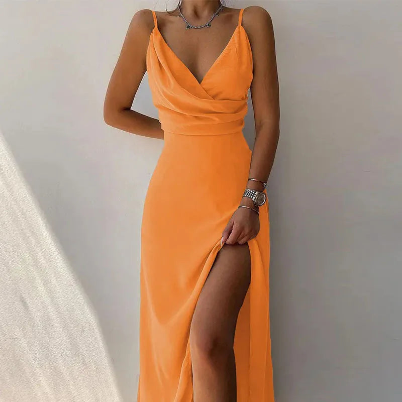 Ladies Summer Sexy Camisole V-neck Slit Dress Elegant Sleeveless Gradient Slim Fit Dress