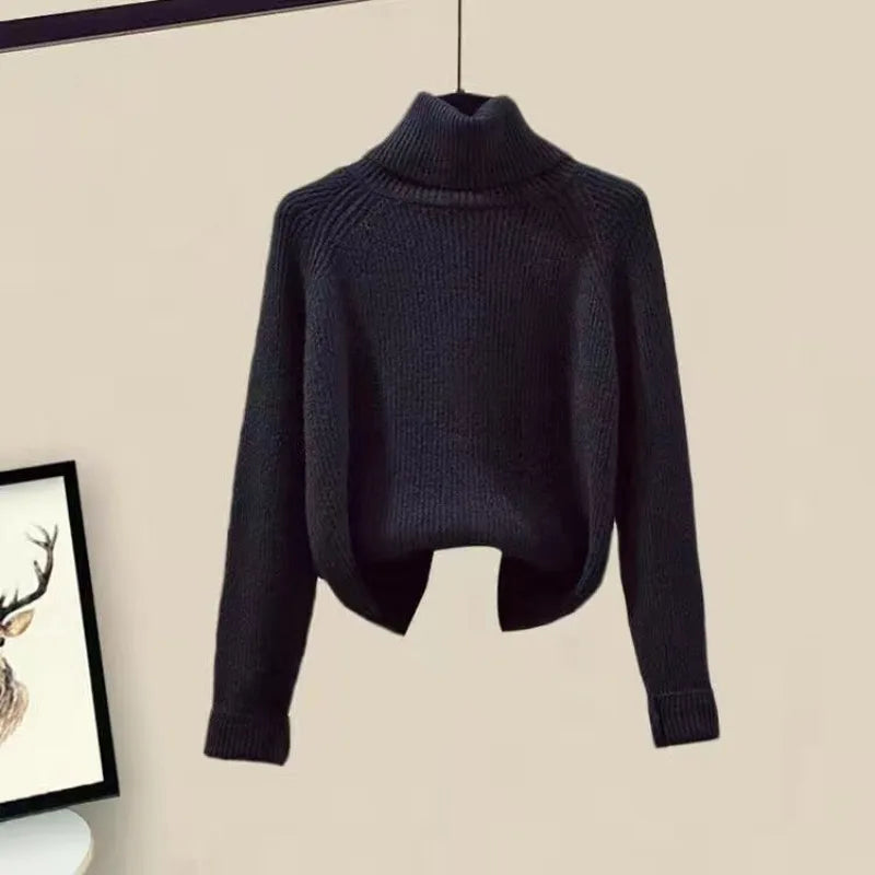 Ladies Autumn Winter Short Coat, Turtleneck Sweater Lady Solid Jackets Knit Bottoms. S-2x