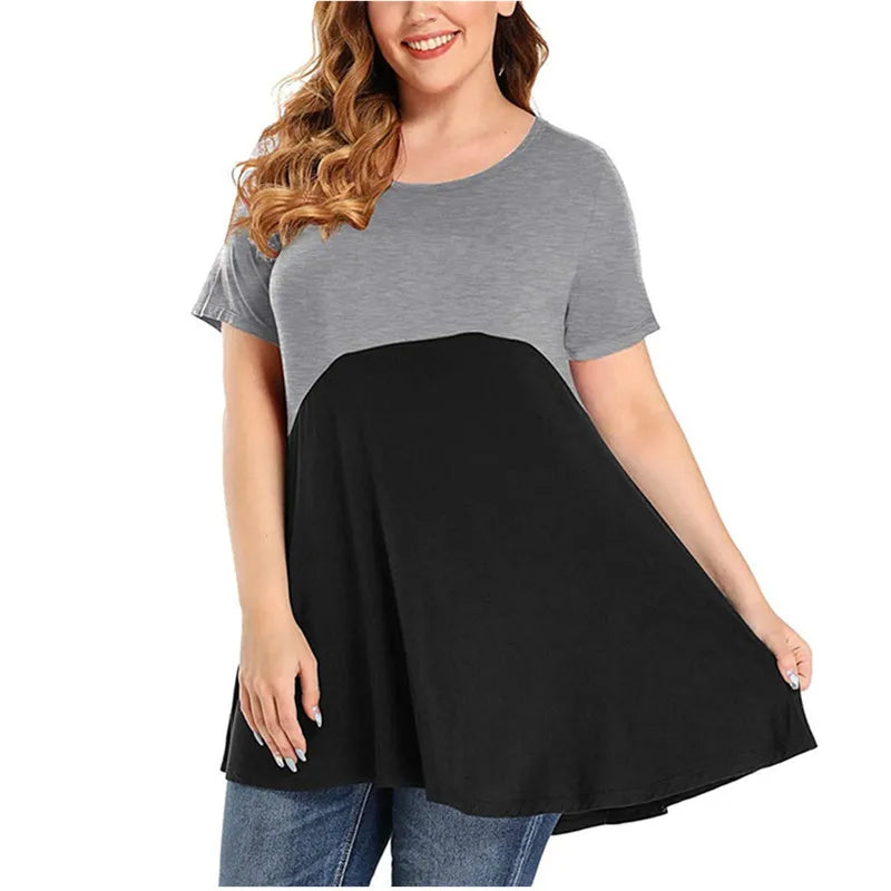 Women Shirt Plus Size Loose Short Sleeve Casual Ladies Contrast Colour Shirt.