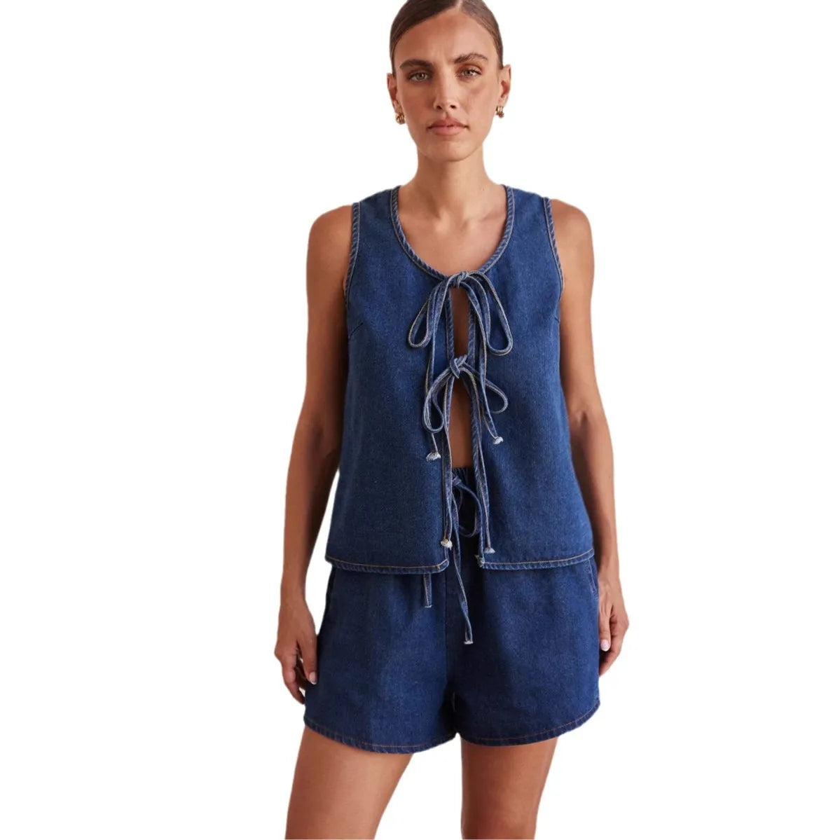 Denim 2 Piece Casual 2025 Sleeveless Tank Top Lace Up High Waist Shorts Suit. S-XXL