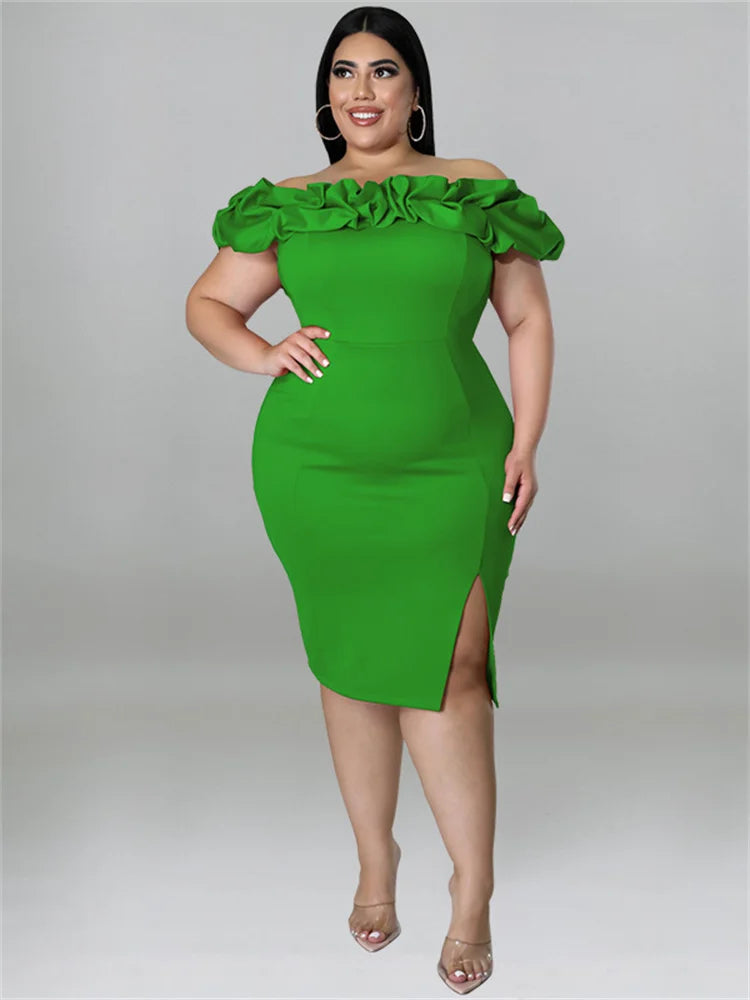 Plus Size Party Dress Ruffles Off Shoulder Solid Bodycon Elegant Midi Summer Dress