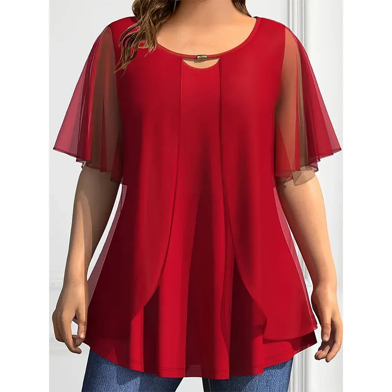 Plus Size Chiffon Blouse Solid O Neck Loose Fit Short Sleeve Casual Summer Top.