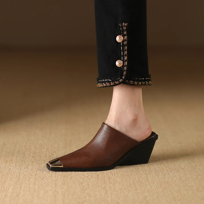 Women's New Summer Metal Headed Genuine Leather Cowhide Large Square Headed Retro Muller Slip on Shoe