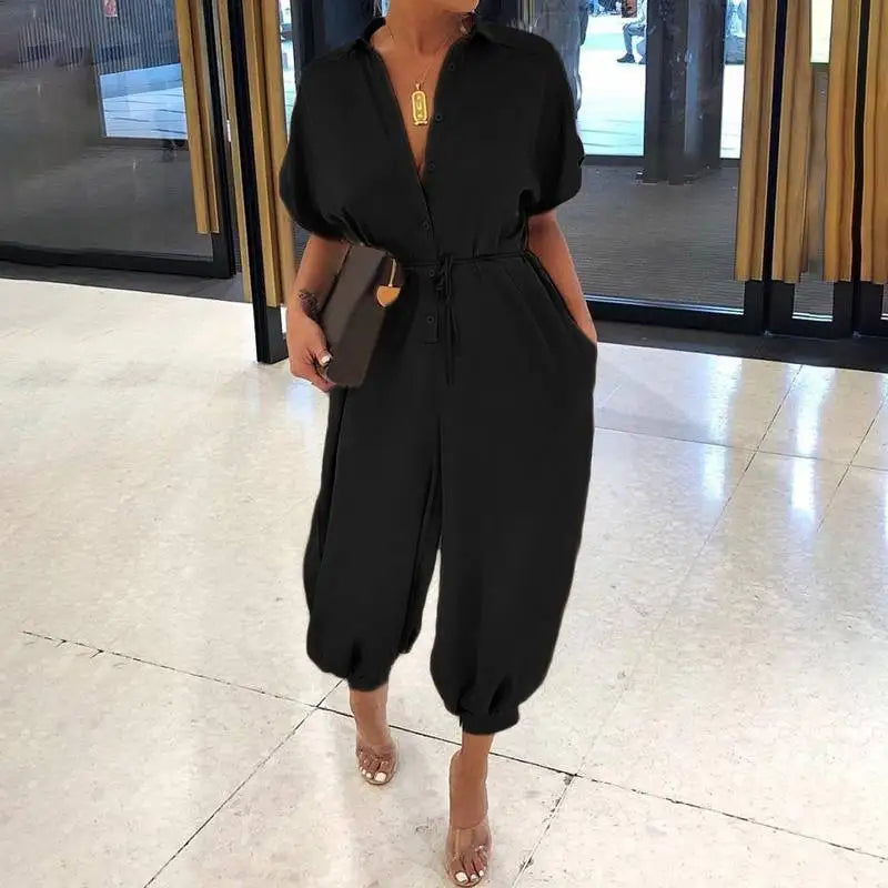 Ladies Summer Fashion V-Neck Button Lace-Up Jumpsuit Short Sleeve Loose Fit. S-3x