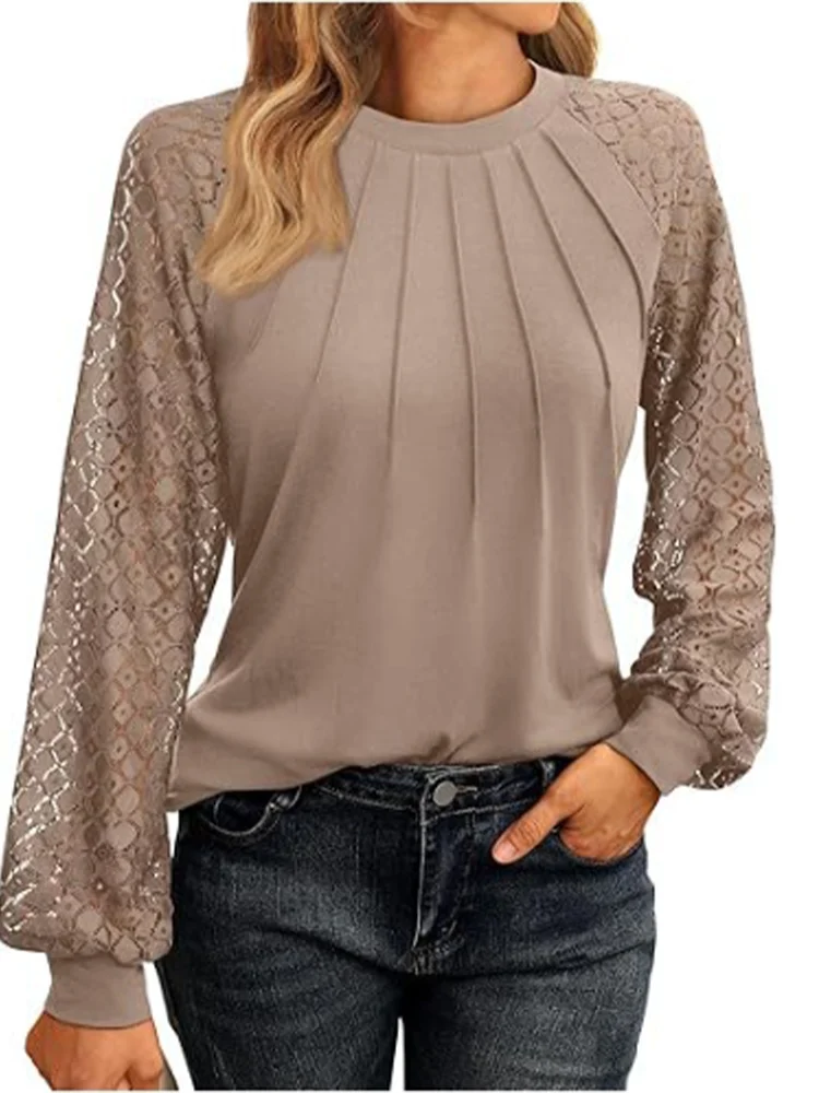 Elegant Lace Pleated Solid Colour Shirt Women's Round Neck Lantern Long Sleeved Blouse . S-2X