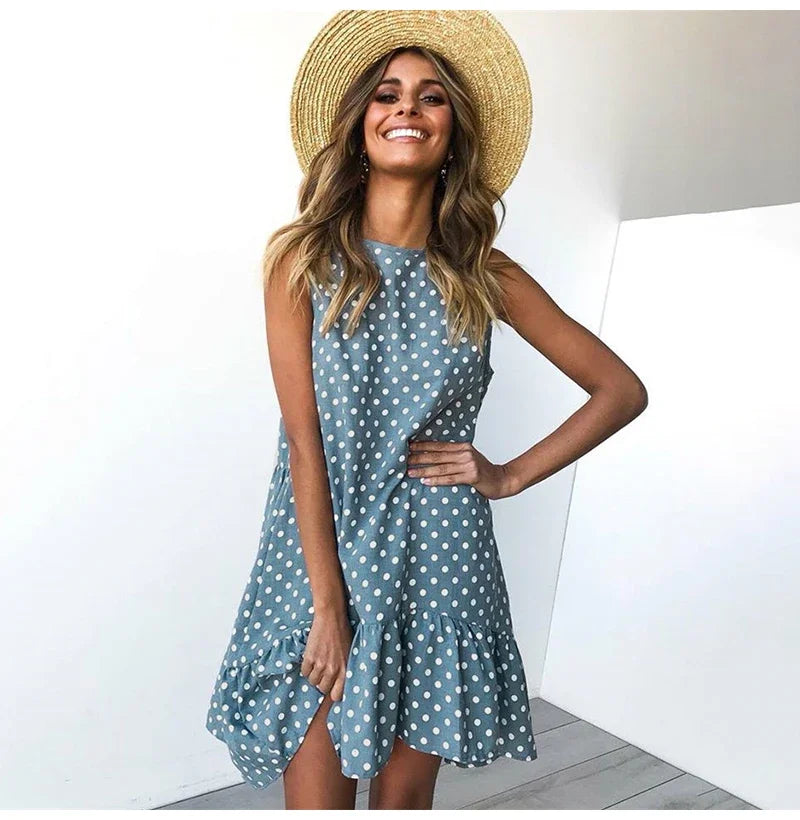 Ruffled Polka Dot Dress Sleeveless, Round Neck, Loose Hem, S-2X