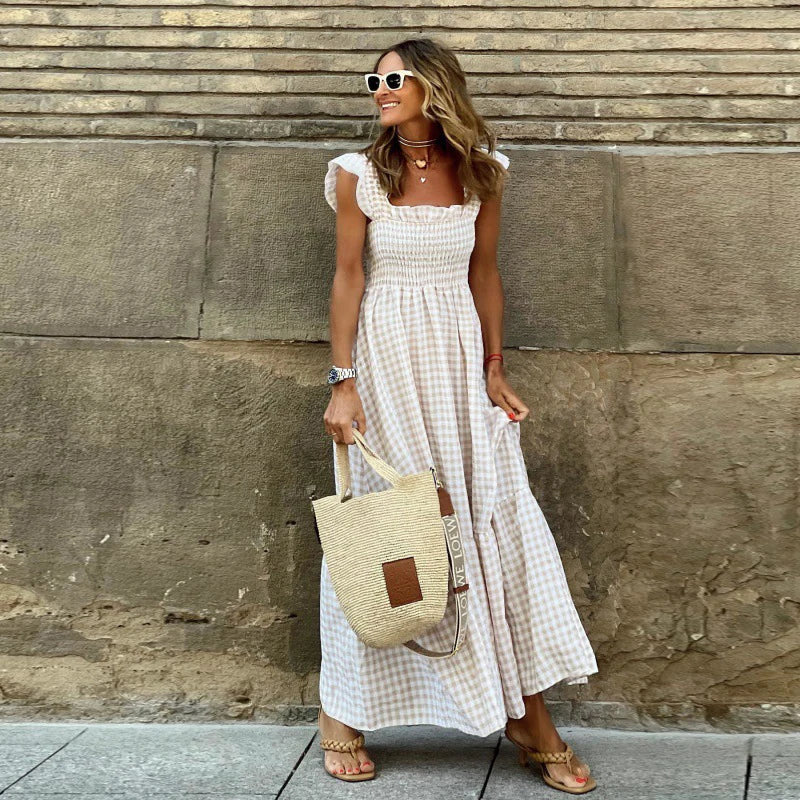 Luxury Ruffle Fly Sleeve Long Dress Square Neck Plaid Dress Casual Retro Beach /Holiday /Party. Vestidos S-3X