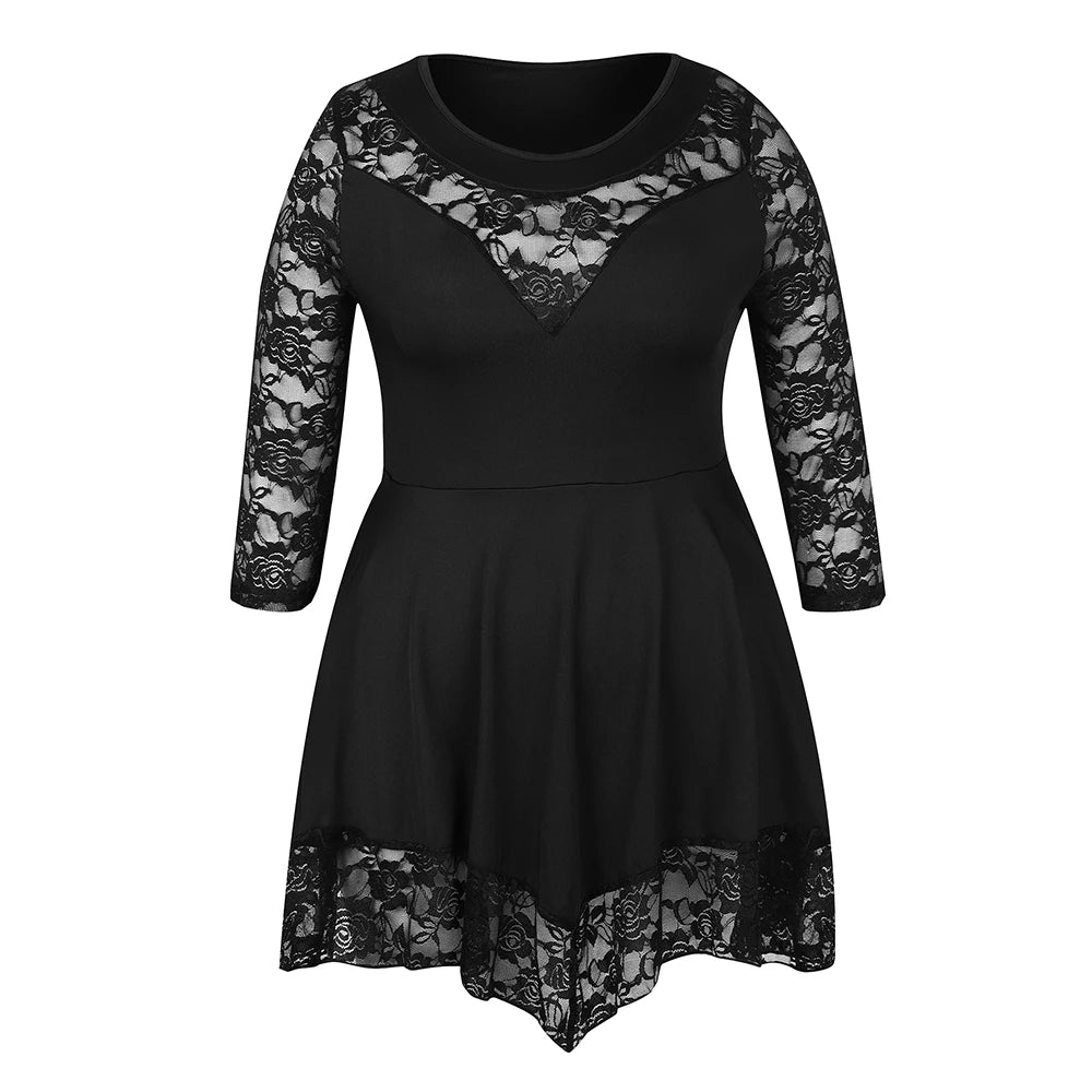 Women's Plus Size Fashion Lace Panel Irregular Hem Pullover Round Neck Sheer Top 3/4 Sleeve Tee.