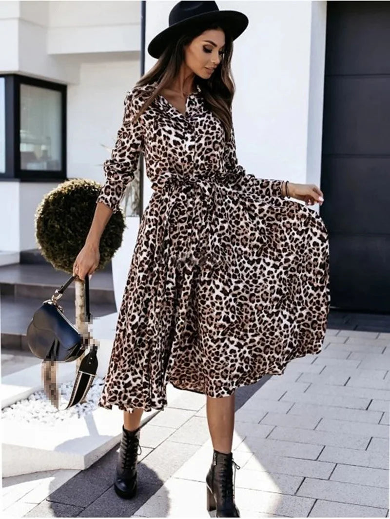 Women's Leopard Print V-Neck Dress - Lace-Up Waist Long Sleeve A-Line Dress. S-2x