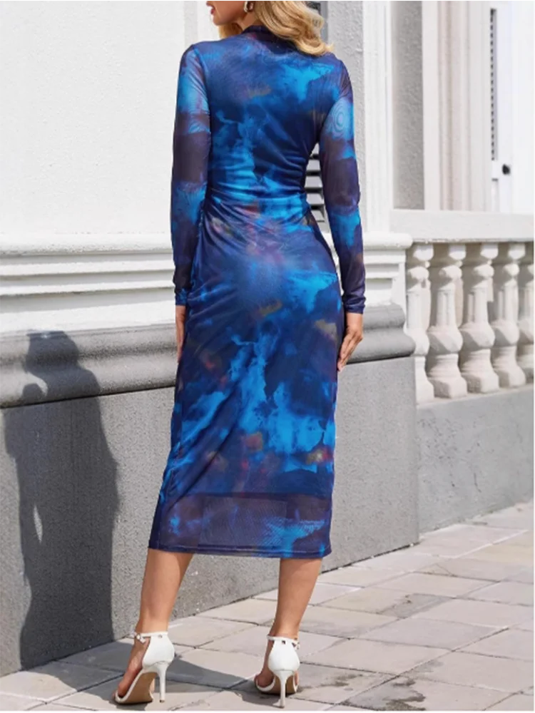 Blue Long Sleeved Fashionable Print Women's Dress High Street Fashion Slim Fit Dress. S-2X