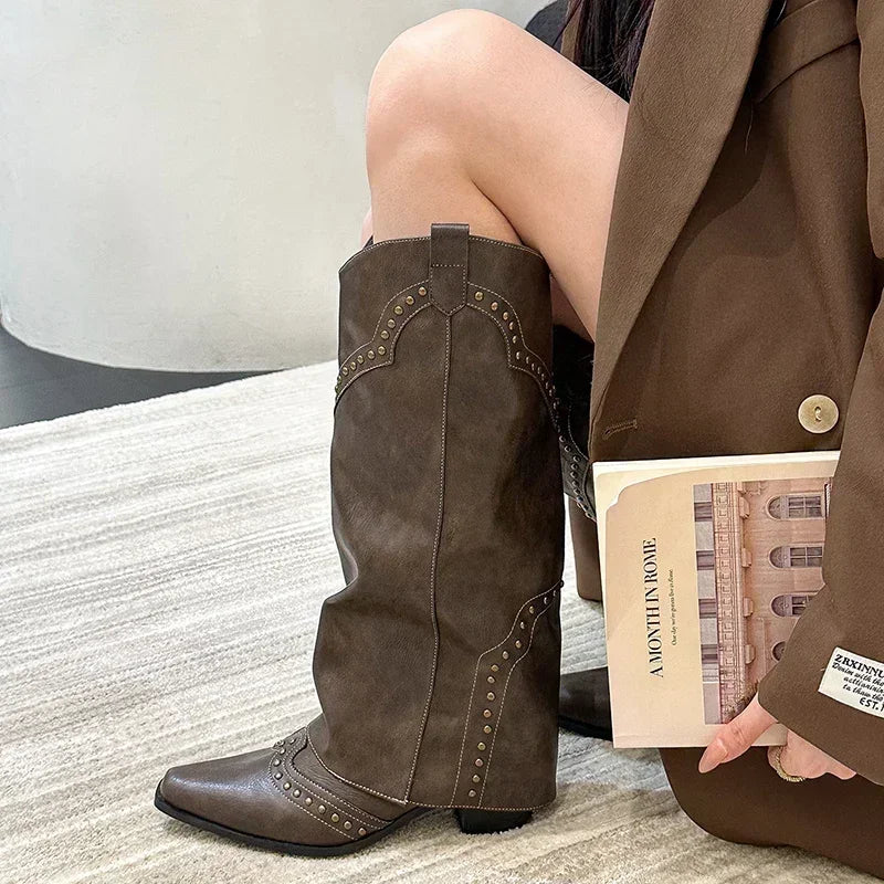Woman Cowgirl Boots Fashion Slip On Elegant Square Heel
