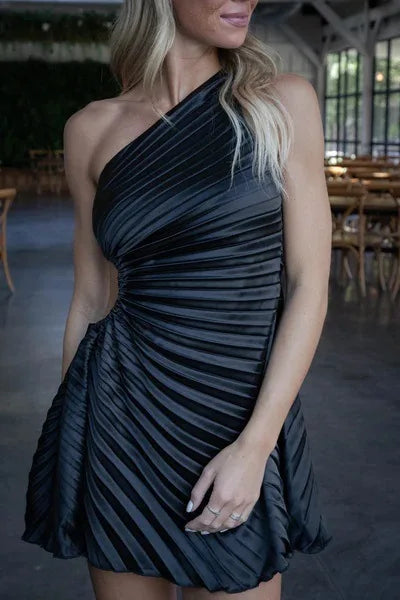 Women Pleated One Shoulder Sleeveless Cutout Waist Dress 2025 Evening Sexy Club Party Evening Dress. S-2xL