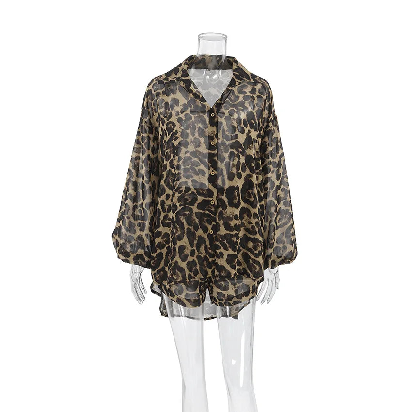 2 Pieces Elegant Puff Sleeve Button Shirt And Drawstring Short Set Fashion Brown Leopard . Print