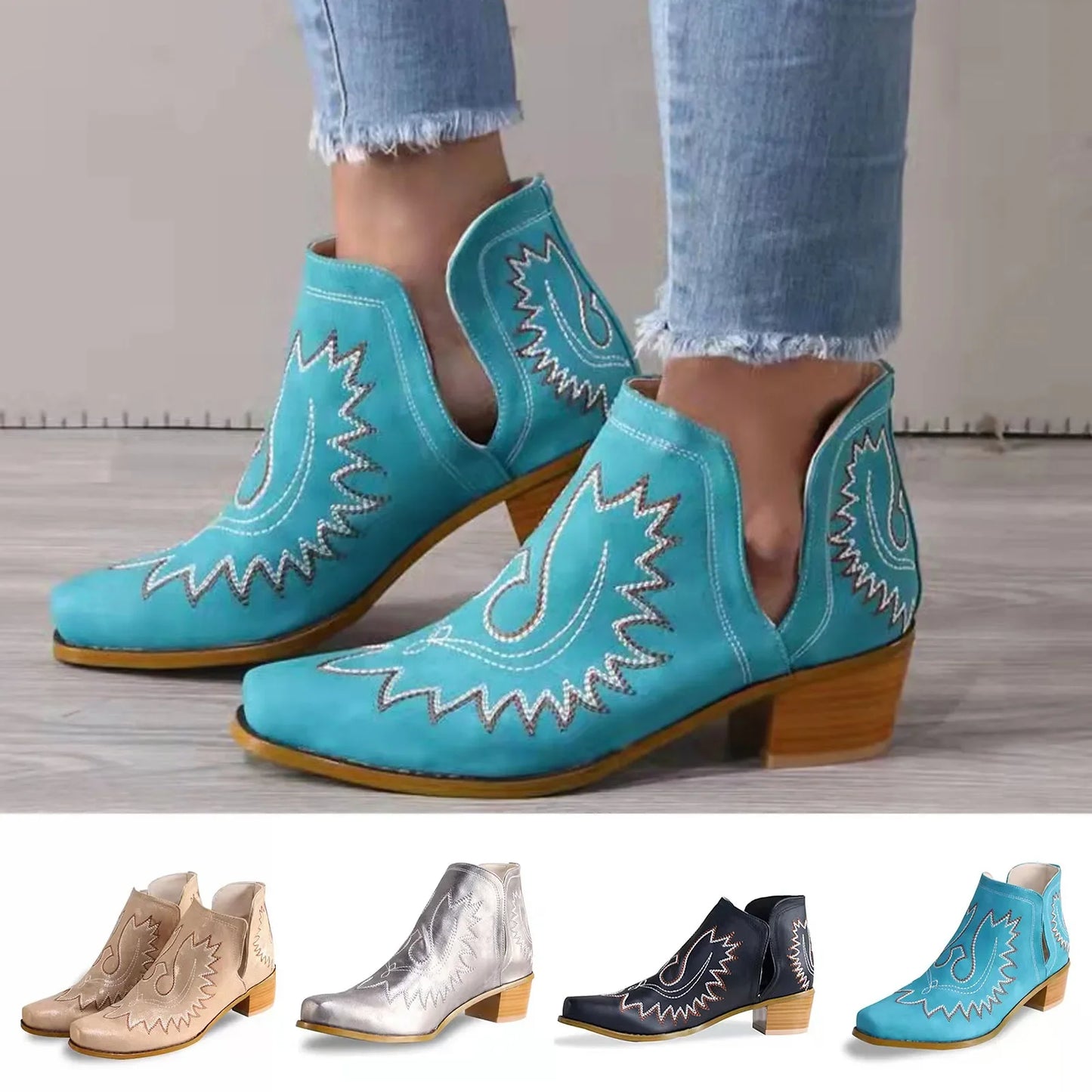 Women Flower Embroidered Cowboy Ankle Boots Casual Comfortable Boot/Shoe. 36-43