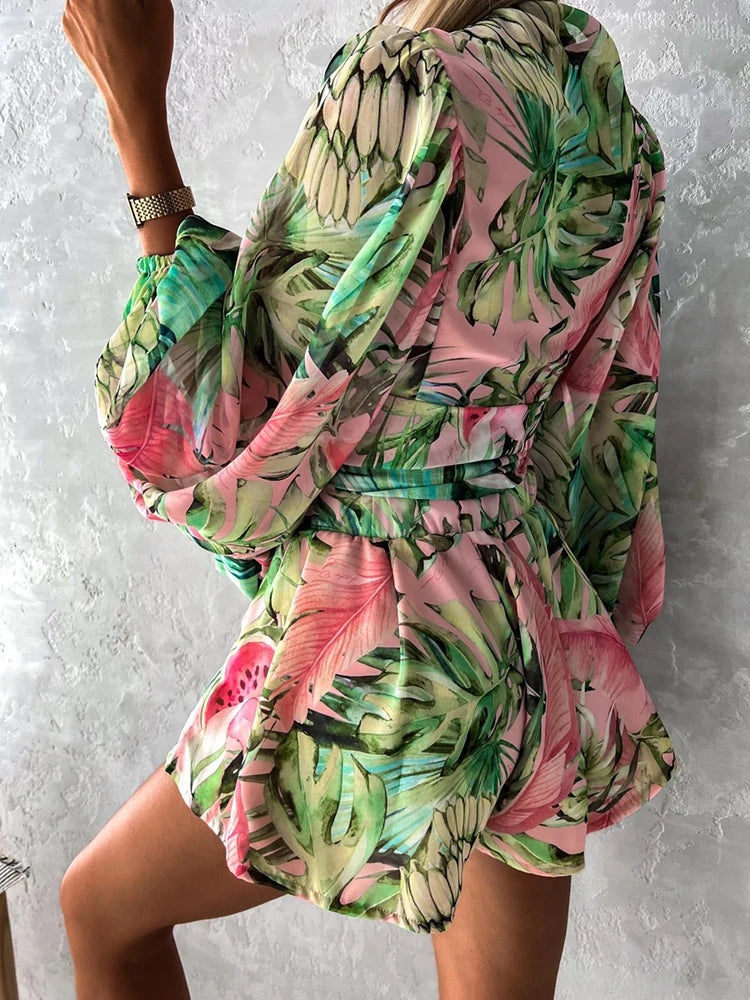 Sexy Deep V Neck Jumpsuit For Women Summer Casual Boho Outfit With Lantern Sleeve. S-2x