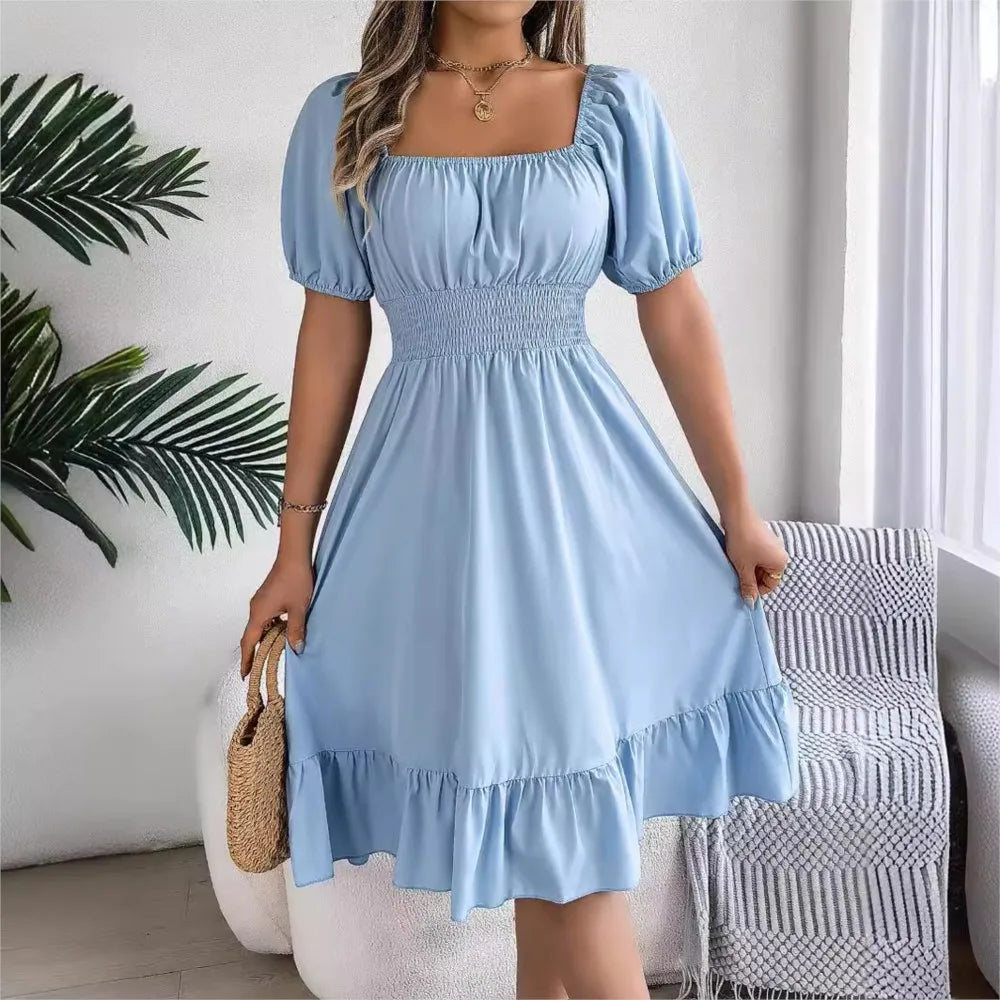 Women's Summer Casual Square Neck Short Sleeved Ruffle Edge Dress