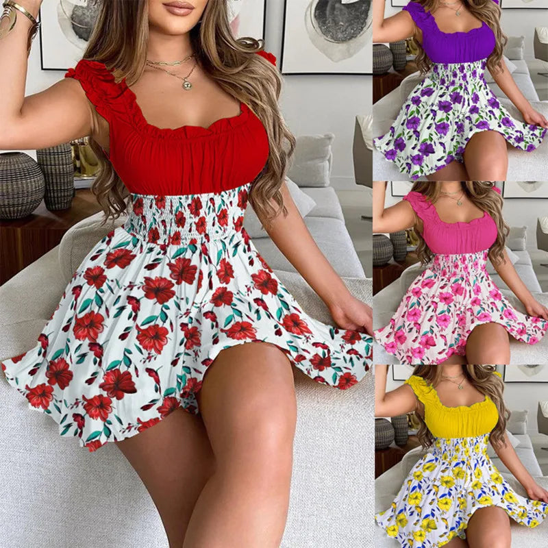 Summer New Floral Contrast Clasp Waist Slim Round Neck Dress Sexy Women's Sleeveless Print Fashion Mini Dress