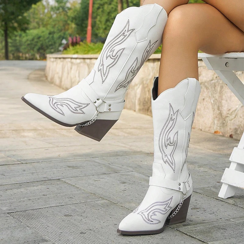 2025 Spring Retro Cowboy Boots Women Western Pu Leather Point Toe Boots