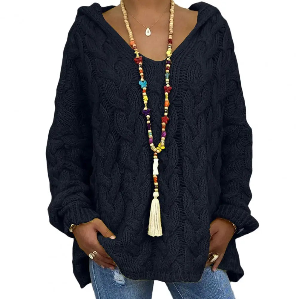 Hooded V-Neck Long Sleeves Twist Knitted Solid Colour Loose Sweater. S-3x