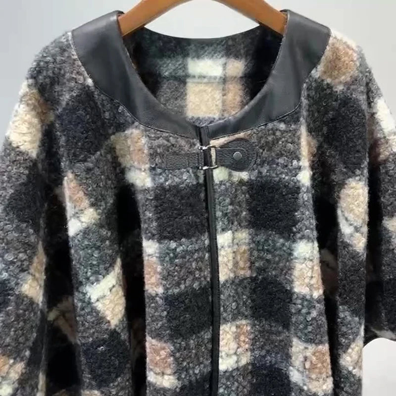 Quality Fashion Classic Leopard Zebra Stripes Like Wool Cape Coat Women Autumn Winter Outerwear Leather Collar.