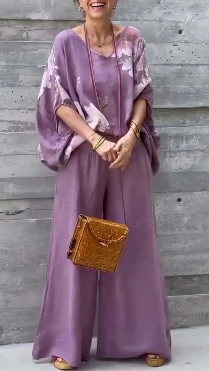 Casual Two Piece Women Spring and Summer Flower Print Short Sleeve Shirt Wide leg Trousers Fashion Suit. S-3XL