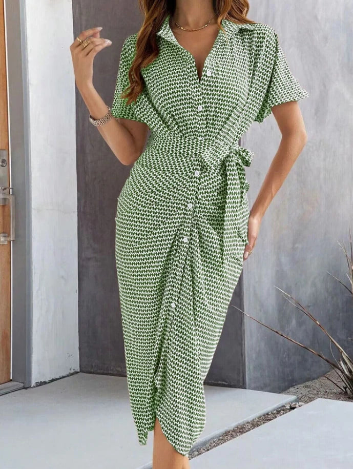 Women's Summer Turn-Down Collar High Waist Casual Short Sleeved Ruched Button Daily Long Shirt Dress. S-XL