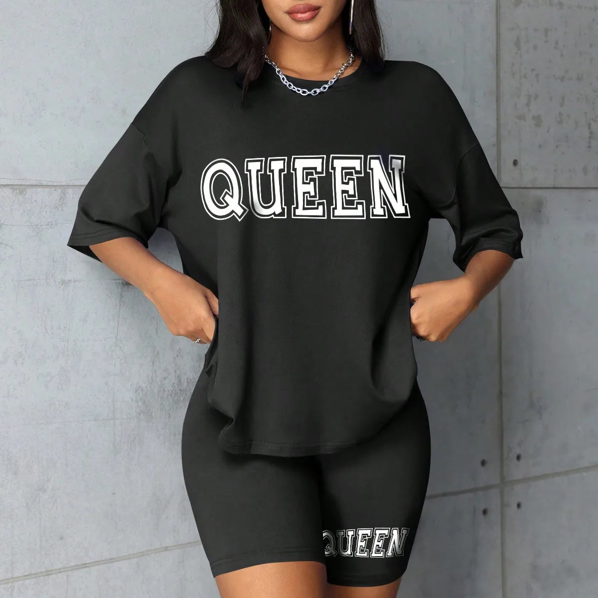Plus size fashionable all-match shorts short-sleeved queen letter print simple and comfortable two-piece