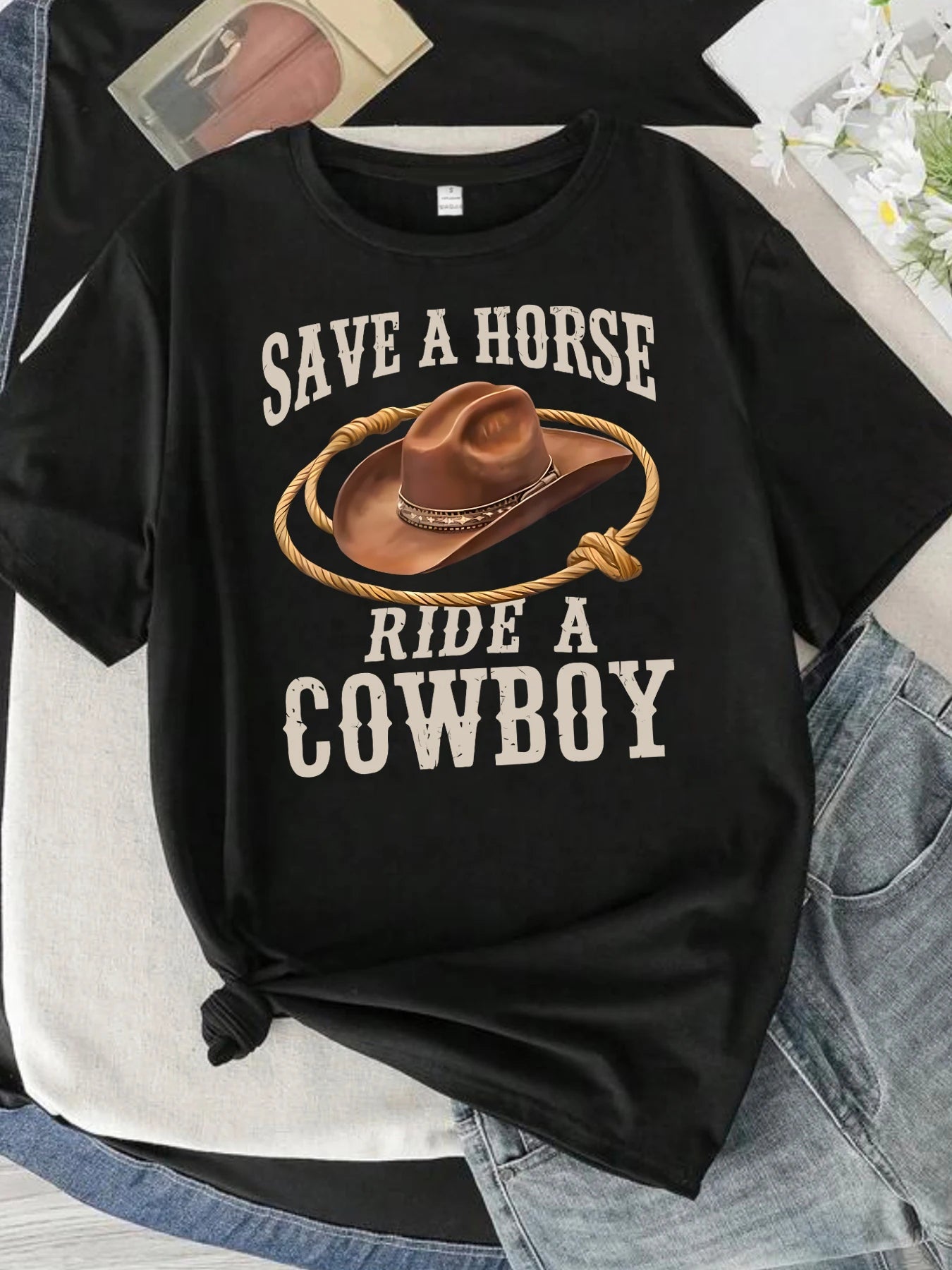 Cowboy hat and rope pattern round neck plus size women short sleeve T-shirt